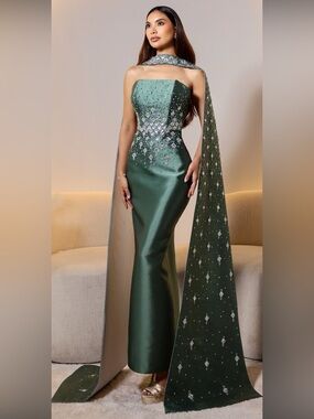 Emerald Strapless Evening Gown with Embellished Cape